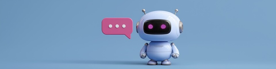 A robot is standing on a blue background with a pink speech bubble that says "hello". The robot has a purple face and is wearing a blue suit. Concept of technology and futuristic elements
