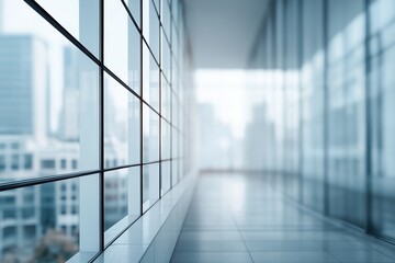 Obraz premium A large, empty room with a view of the city. The windows are clean and clear, allowing for a bright and open atmosphere