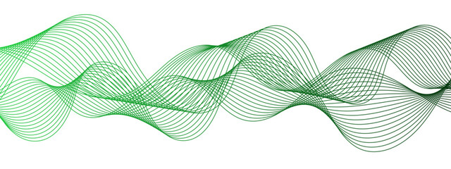 Abstract modern wave pattern composed of green gradient lines flowing smoothly on a white background. Waveforms with sinusoidal curves, with sense of fluidity and motion. 