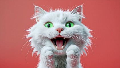 3D cartoon illustration of a surprised white cat with big green eyes, mouth open in shock, on red background. Funny feline expression for humor or pet-themed content.
