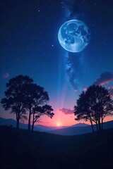 Silhouetted trees against a star-filled night sky, ethereal moonbeams illuminating the landscape Perfect for meditation, peace, tranquility, and spiritual themes , starry night, shadows