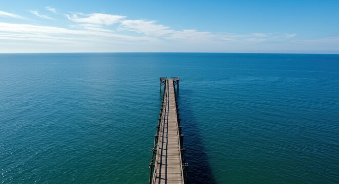 Aerial view of a wooden pier extending into the vast, serene expanse of the ocean