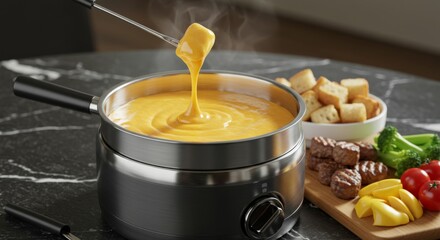 Cheese Fondue with Bread, Meat and Vegetables