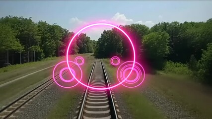 High-Tech Railway System: Futuristic Pink Overlay on Railroad Tracks