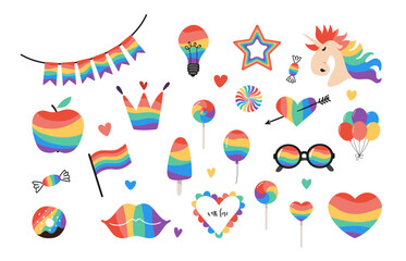 Set of colorful rainbow-themed illustrations symbolizing LGBTQ+ pride and love. Includes hearts, unicorn, flags, candy, balloons, glasses, and more. Fun, vibrant flat design on white background.