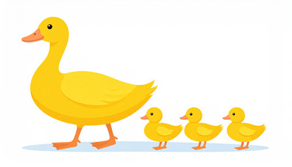 An adorable cartoon duck leads her three ducklings in a single file. Ideal for kids' content, early education visuals, or animal family themes.