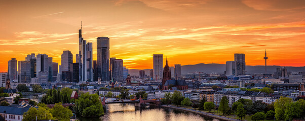 Panoramic view of the cityscape of Frankfurt am Main, Germany, during a colorful summer sunset