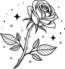 Black and white floral design with ornate rose, leaves, and swirl elements for a timeless nature art pattern