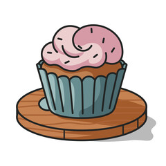 Cupcake Vector Illustration with Pink Frosting on Wooden Plate