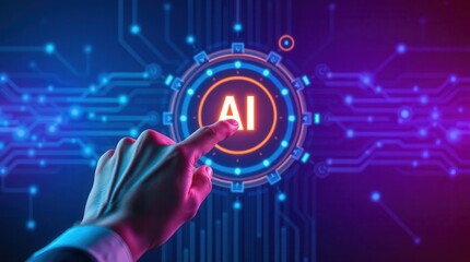 Artificial intelligence touch point featuring a hand interacting with glowing tech interface elements.
