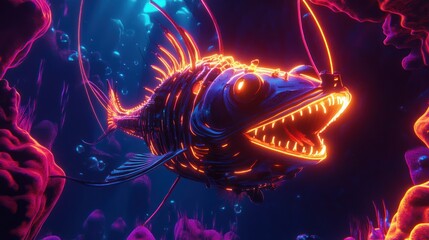 Obraz premium Neon Abyssal Fish: A Cyberpunk Deep Sea Encounter