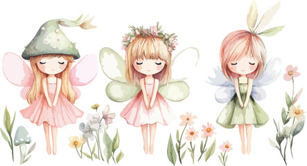 Watercolor Illustration of Three Cute Fairy Girls with Flowers and Plants on a White Background Fantasy and Whimsical