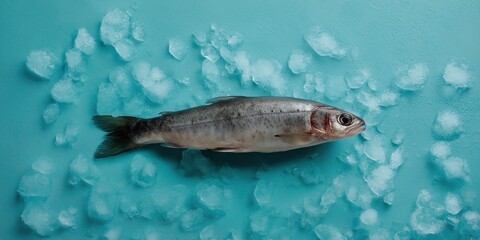 A fish is laying on top of a blue surface with ice. The fish is surrounded by ice and he is in a frozen state