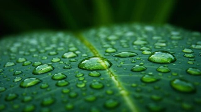 Close-up of green leaf covered with water droplets in nature  