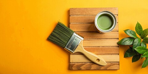 Jar of olive green paint on yellow background, top view, among boards, paint brush lies nearby, studio shot, shot for paint advertising