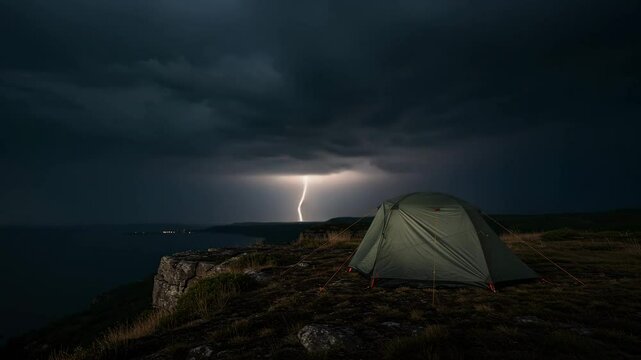 Tent set up on cliff during thunderstorm with lightning in the sky  