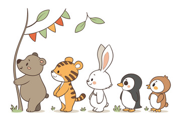 Naklejka premium Adorable Illustration of Eight Cute Baby Animals Standing in a Row Hand Drawn Style