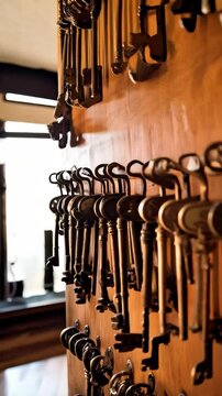 Antique Skeleton Keys Hanging on Wooden Board, Repeating Pattern, Vintage Style, Bronze and Copper Tone, Wall Decor, Security