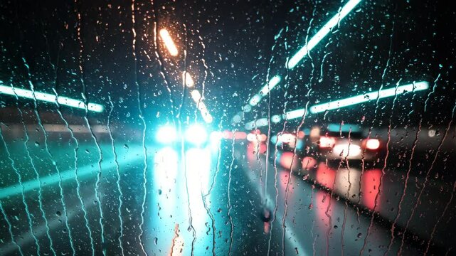 Rainy night view through car window with blurred headlights