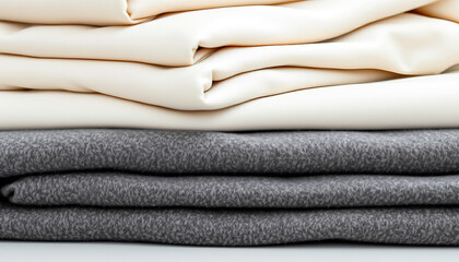 Soft folded fabric in cream and gray colors stacked neatly for cozy comfort