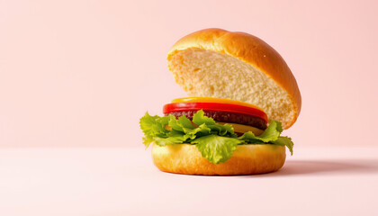 Fresh open faced hamburger with lettuce, tomato, cheese, and beef patty on soft bun