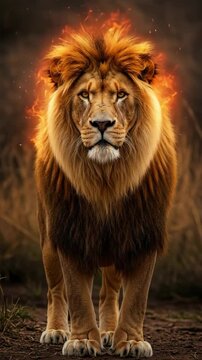 Majestic lion standing confidently with fiery mane in a wild setting  