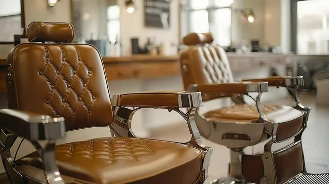 Two empty brown leather barber chairs waiting for customers