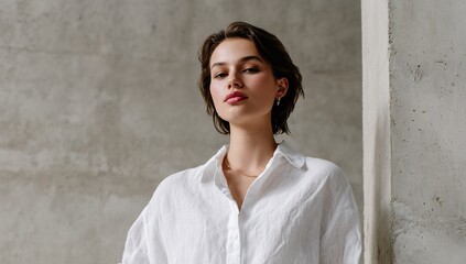 Brunette woman in white linen shirt against a textured gray wall