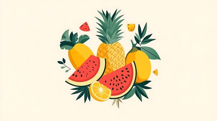 A flat vector illustration of tropical fruits—pineapple rings, mango slices, watermelon wedges, and papaya—arranged in a perfect circle on a soft beige background. Created using: Adobe Illustrator,