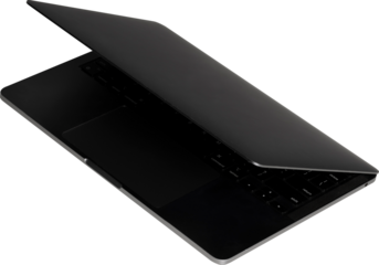 Sleek black laptop partially closed, shot from a high angle on a transparent background, emphasizing minimalist design, modern technology, and portable computing aesthetics.