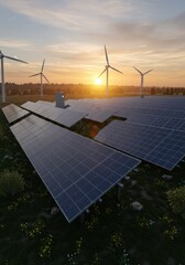 Solar Panels and Wind Turbines at Sunset