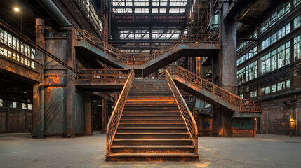 Fototapeta premium Metal staircase inside warehouse industrial building. Structure made of iron, steel leads up. Architecture construction features old functional access route. Perspective shot shows steps, balustrade -