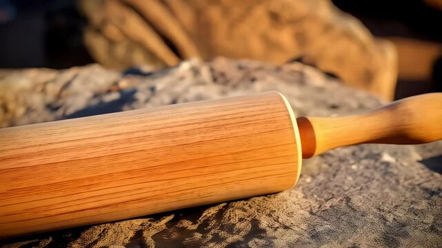 Wooden rolling pin resting on rough, uneven rock surface in natural light creating a raw, rustic, textured setting