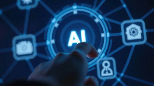 A hand presses a glowing blue button labeled 'AI' on a futuristic interface displaying connected icons.