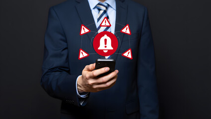 Businessman holding smartphone with a warning notification and attention alerts concept