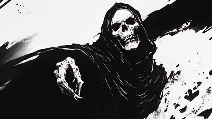 A black and white ink drawing character, in horror comics style, featuring the Grim Reaper. Death with a hood and scythe. - Powered by Adobe