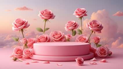 Elegant pink roses showcase with a podium against a soft cloudy background