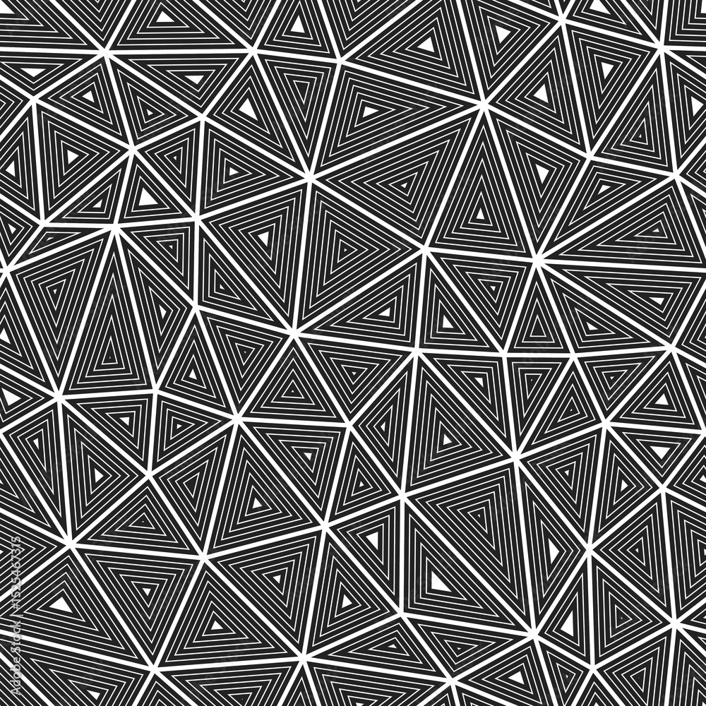 Poster triangles pattern. multiple repeated inner triangles. medium shape size. black and white style. seam