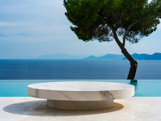 Luxurious marble table near an infinity pool overlooking the ocean and island scenery