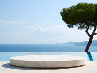 Luxurious modern outdoor setting featuring infinity pool and coastal views on a bright sunny day