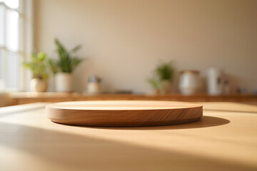 Wooden round display platform mockup in soft daylight for product presentation or advertisement