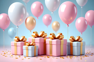Pastel birthday scene with gift boxes and floating balloons celebration party concept
