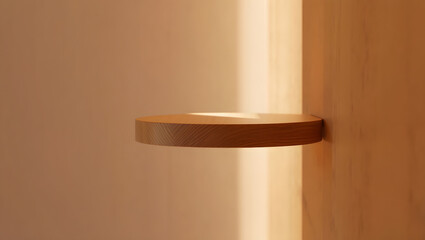 Wooden round shelf installed on a warm wall with subtle sunlight effects and shadows