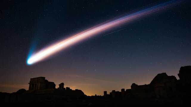 Colorful comet streaking across the night sky above ancient ruins  