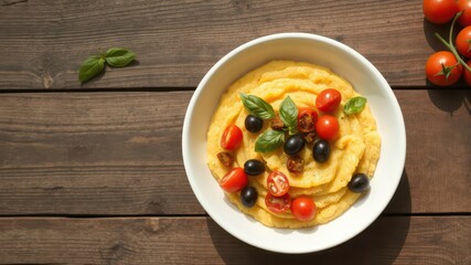 Polenta dish presentation with tomatoes, olives, and fresh basil leaves, served in a white bowl on a dark wooden table