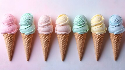 Flat design vector of a vertical arrangement of pastel ice cream cones with soft pink, mint green, light yellow, and sky blue scoops, placed over a subtle gradient background from white to blush.
