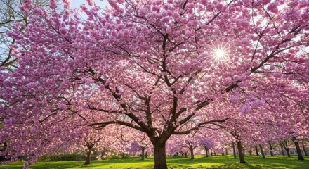 Fototapeta premium Pink Cherry Blossom Tree in Full Bloom Under Sunny Spring Sky