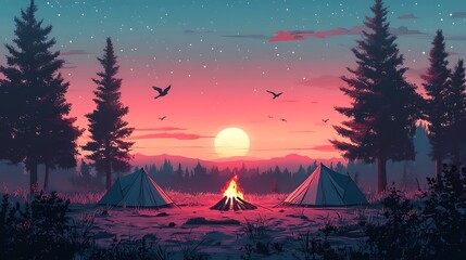 Flat vector art of a summer camping setup at dusk, with two tents, a burning campfire, backpacks leaning on trees, and birds flying against a pastel sunset sky in the background.