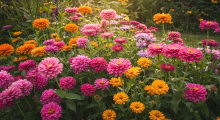 Vibrant Pink Orange Purple Zinnia Flowers in a Lush Garden