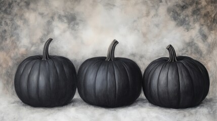 Three elegant black pumpkins are showcased against a soft, muted background, ideal for autumn-themed designs, Halloween decorations, or culinary presentations related to seasonal dishes,